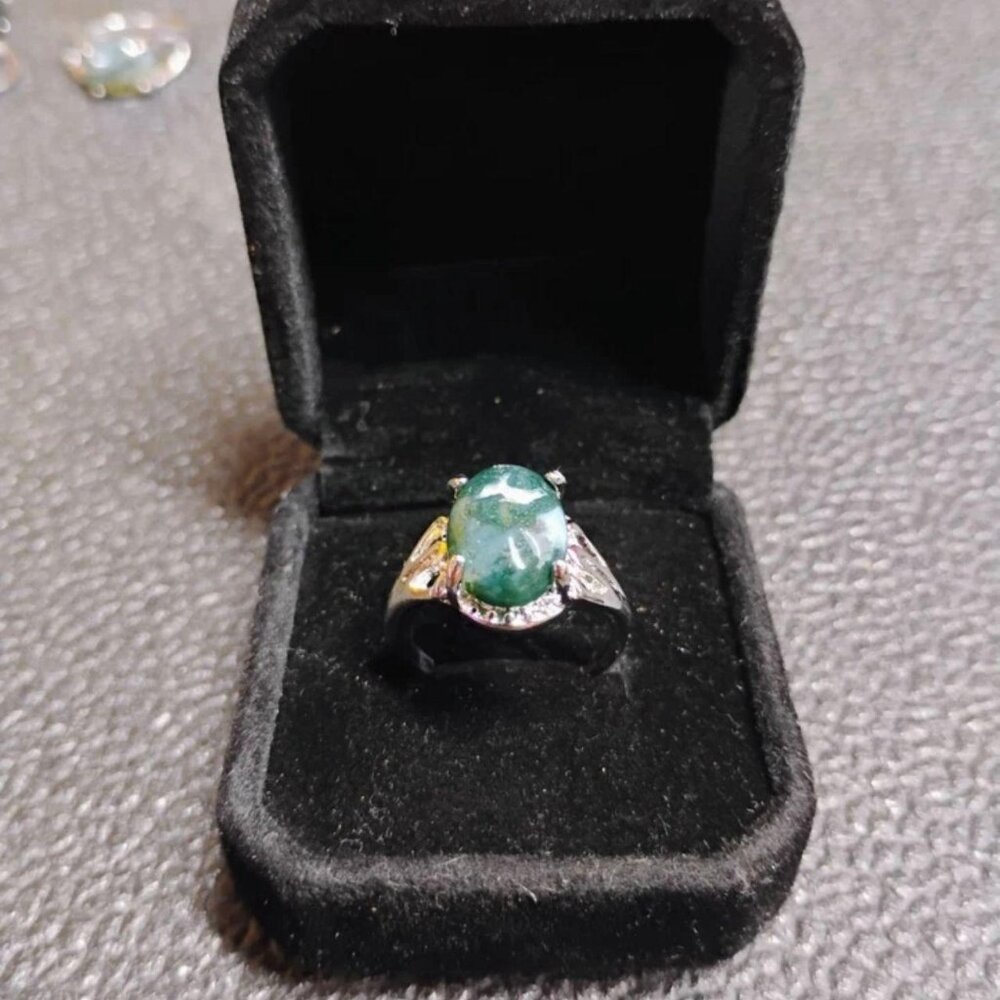 REAL Water Grass Agate Natural Stone Ring Size 8 Stainless Steel Ring